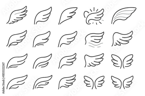 Ethereal Wing Icons. Line style icons of ethereal wings: angelic plume, delicate arc, feather line, energy flow, aura halo, wind