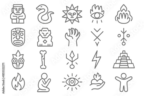 Primal Deity Icons. Line style icons of primal deities: stone statue, serpent god, sun crown, flame eye, totem face, obsidian idol