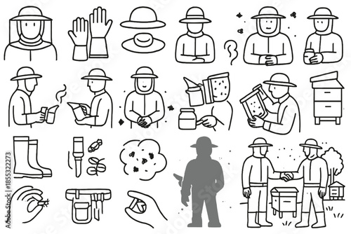 Beekeeping Line Icons. Line style icons of beekeepers: protective veil, gloves, hat, jacket, smoker in hand, hive inspection,