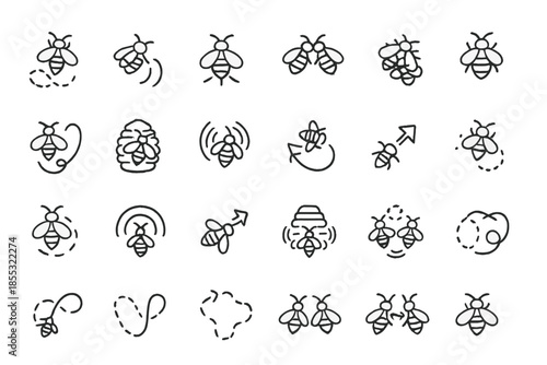 Bee Communication Icons. Line style icons of bee communication: waggle dance, pheromone wave, antenna touch, group cluster, flight