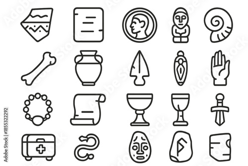 Ancient Artifact Icons. Line style icons of ancient artifacts: pottery shard, stone tablet, bronze coin, fossil shell, bone