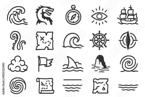Mysterious Ocean Icons. Line style icons of mysterious seas: storm wave, shadowed monster, compass drift, glowing eye, ship