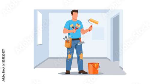 Painter with tools in modern interior design space