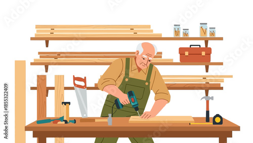 Carpenter working with drill in workshop with tools and shelves