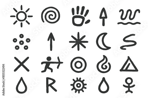 Tribal Symbol Icons. Line style icons of tribal symbols: sun mark, spiral, handprint, animal track, wave line, circle dots, spear