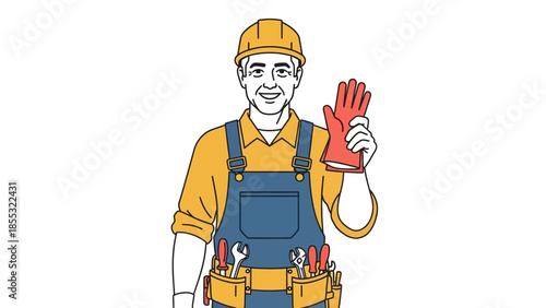 Handyman holding glove: cartoon style, tools in apron, vector art