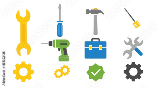 Colorful tool set design featuring flat wrench, drill, hammer, and