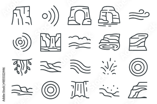 Canyon Echo Icons. Line style icons of Canyon Echoes: cliff face, echo wave, rock arch, falling water, wind current, sound ripple,