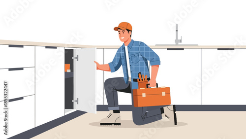 Professional handyman fixing kitchen cabinet in modern home setting