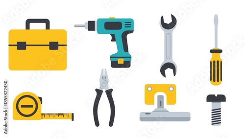 Colorful flat design tool set with drill, wrench, and toolbox for diy