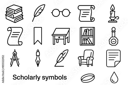 Scholarly Icons Collection. Line style icons of Scholarly Symbols: book stack, ink quill, glasses, scroll, candle stand, parchment