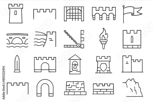 Fortress Architecture Icons. Line style icons of Fortress Architecture: tower wall, iron gate, battlement, guard window, stone