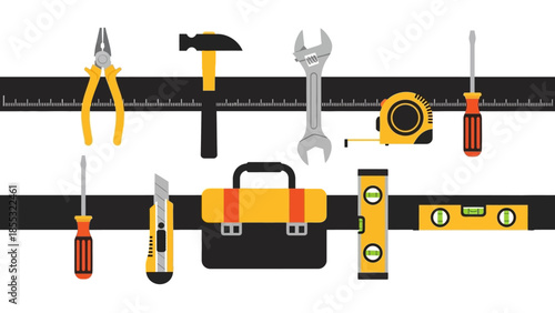 Tool set with measuring tape, hammer, wrench, and toolbox in flat