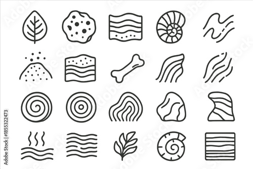 Earth's Memory Icons. Line style icons of Earth’s Memory: fossil imprint, lava stone, layered crust, ancient shell, mineral dust,