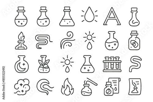 Alchemical Essence Icons. Line style icons of Alchemical Essence: elixir vial, potion flask, glowing drop, alchemy symbol, flame