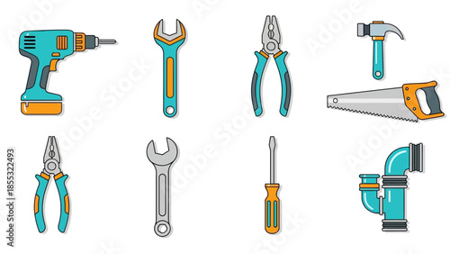 Hand tools collection with flat style design and bold colors