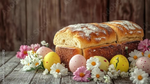 A rustic loaf of bread on a wooden tabletop surrounded by colorful Easter eggs and small flowers in bloom.