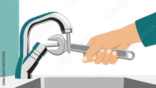 Fixing a faucet: person using wrench to repair kitchen sink tap