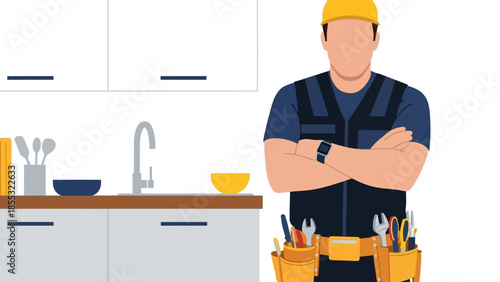 Confident handyman in modern kitchen with tools ready for home repair