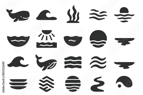 Oceanic Serenity Icons. Solid style icons of Oceanic serenity: resting whale, calm wave, floating kelp, gentle current, peaceful