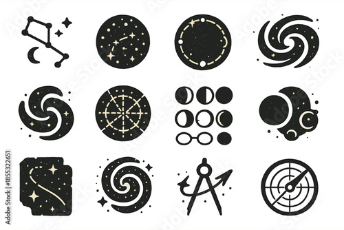 Ancient Cosmic Maps. Solid style icons of Forgotten sky maps: constellations, star cluster, zodiac path, spiral galaxy, nebula