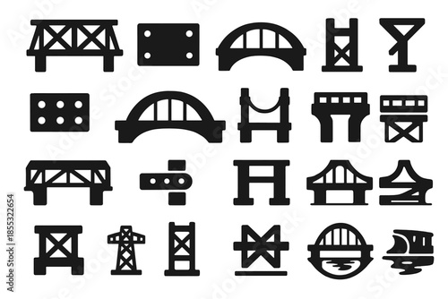 Iron Bridge Icons. Solid style icons of Iron bridge design: lattice truss, metal bolts, curved span, crossbeam, riveted plate,