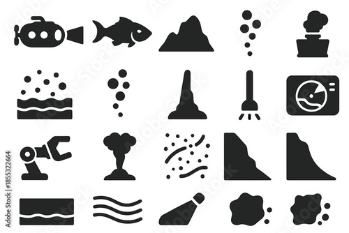 Abyss Exploration Icons. Solid style icons of Abyss exploration scene: submersible glow, sea creature shadow, dark ridge,