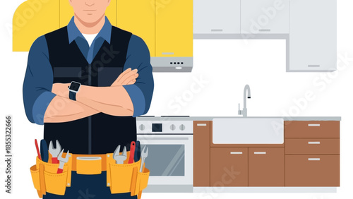 Skilled kitchen renovator with modern tools in contemporary kitchen