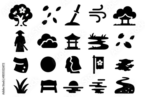 Sakura Battlefield Icons. Solid style icons of Sakura battlefield: cherry blossom tree, fallen petals, sword in ground, wind