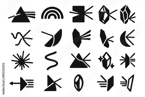 Prism Light Refraction. Solid style icons of Light refraction art: prism beam, spectral colors, glass ray, crystal split, light