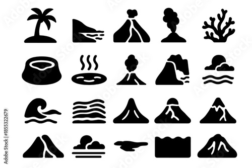 Volcanic Island Elements. Solid style icons of Tropical volcanic island: palm tree, black beach, lava slope, coral reef, crater