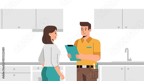 Home repair consultation in modern kitchen setting with smiling