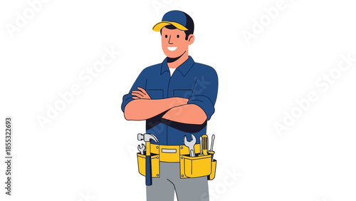 Confident handyman in blue uniform with tool belt and cap
