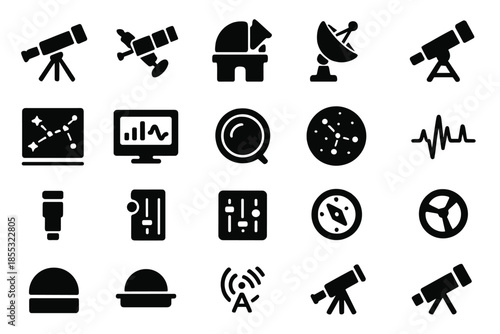 Astronomy Icon Collection. Solid style icons of Astronomical Observation: telescope, satellite, observatory dome, radar dish,