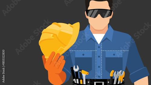 Construction worker holding safety helmet with tool belt on dark