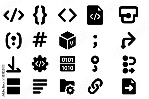 Programming Language Icons. Solid style icons of Programming Languages: code tag, curly brace, angle bracket, script file, logic