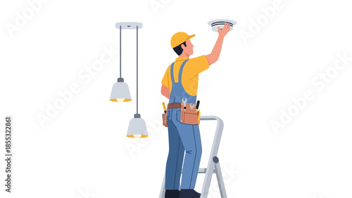 Electrician fixing ceiling light on ladder in modern flat style