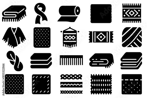 Handwoven Icon Collection. Solid style icons of Handwoven Fabric Collection: wool blanket, silk scarf, cotton roll, linen cloth,