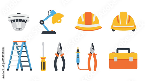 Essential construction tools with hard hats and safety gear in flat