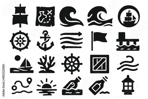 Maritime Icons Collection. Solid style icons of Maritime Discovery: ship mast, sea chart, wave crest, spyglass view, compass wheel