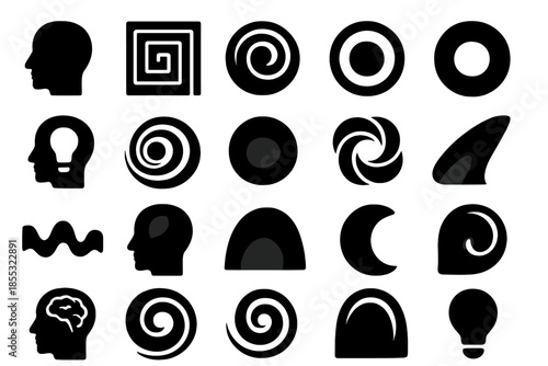 Icons of Psychological Depth. Solid style icons of Psychological Depth: head profile, maze pattern, spiral tunnel, focus ring,