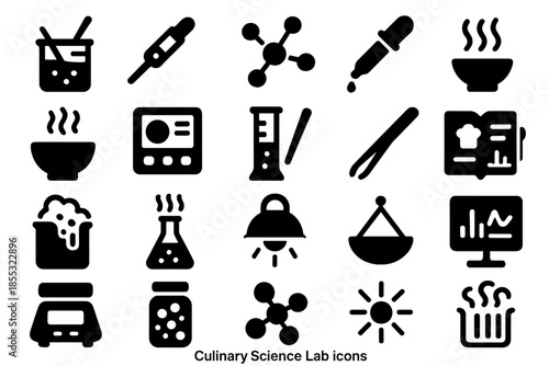 Culinary Science Icons. Solid style icons of Culinary Science Lab: mixing beaker, food probe, molecular model, pipette line, cold
