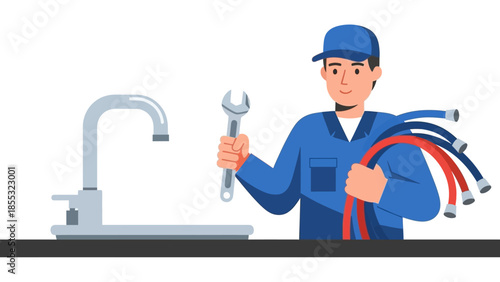 Plumber holding wrench and pipes next to kitchen sink illustration