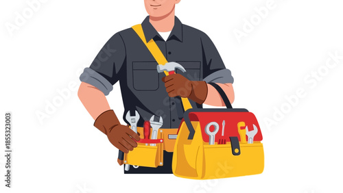 Handyman with tool belt and toolkit in modern flat design