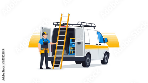 Worker with ladder preparing for maintenance task by service van in