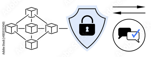 Blockchain network blocks connected, shield with lock for encryption, messaging with verified checkmark. Ideal for security, encryption, blockchain, communication, data protection, privacy digital