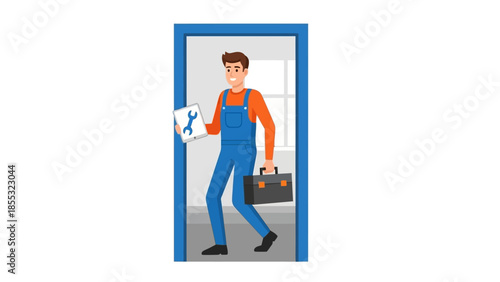 Smiling repairman with toolbox and blueprint in blue overalls