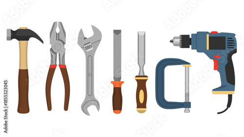 Collection of handheld repair tools in colorful flat design for diy