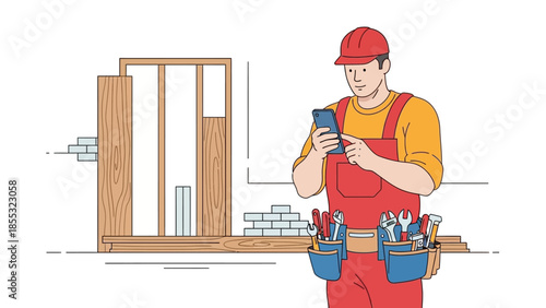 Construction worker using smartphone with toolbelt in modern building