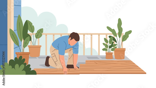 Gardener laying wooden deck panels on porch with potted plants in